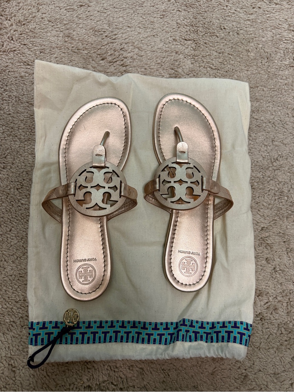 Tory Burch Rose Gold Miller Logo Thong Sandals